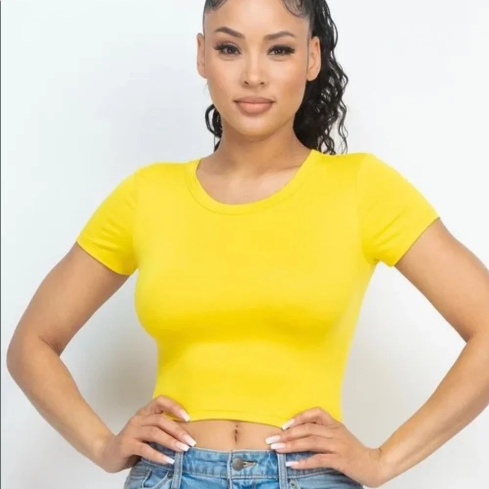 Women Yellow Casual Basic Cap Sleeve Slim Fitted Round Neck Crop Tee - Picture 1 of 5